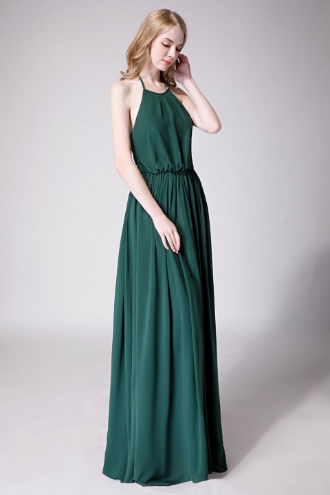 Halter Spaghetti Strap Open Back Chiffon Bridesmaid Dress with Sash