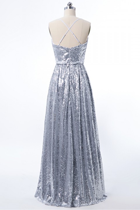 Adjustable Spaghetti Straps Crisscross Tie Back Sequin Bridesmaid Dress