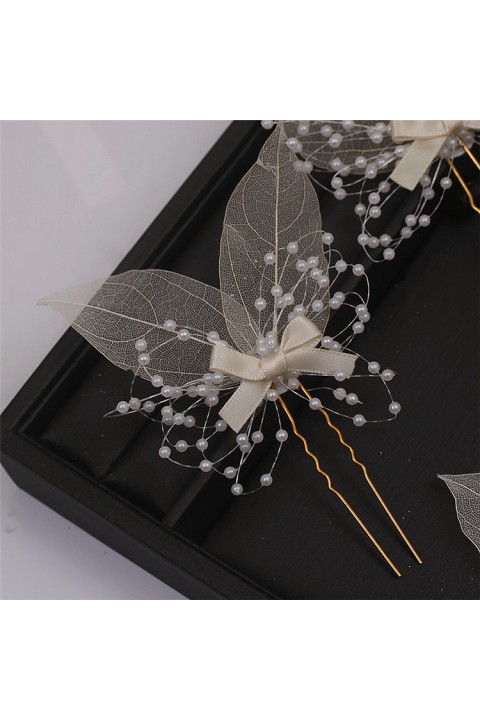 Leaf Shaped Pearl Decor Bridal Hairpin