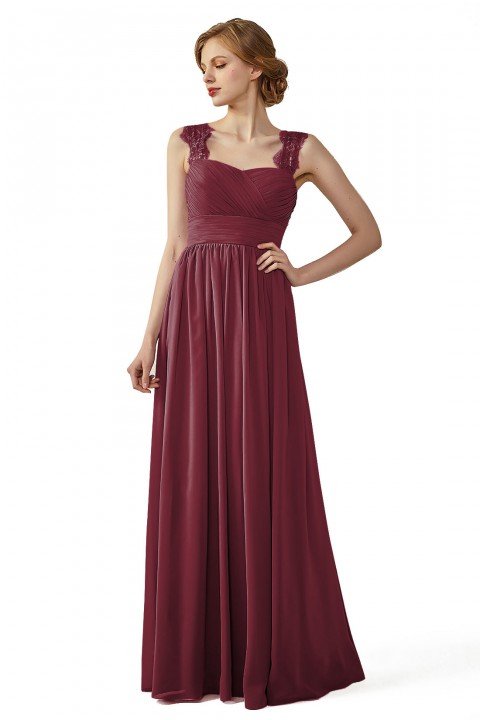 Pleated Long Chiffon Open Back Lace Strap Bridesmaid Dress