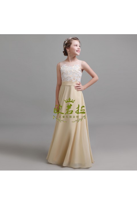 Round Neck Lace Embroidery Sleeveless Chiffon Junior Bridesmaid Dresses