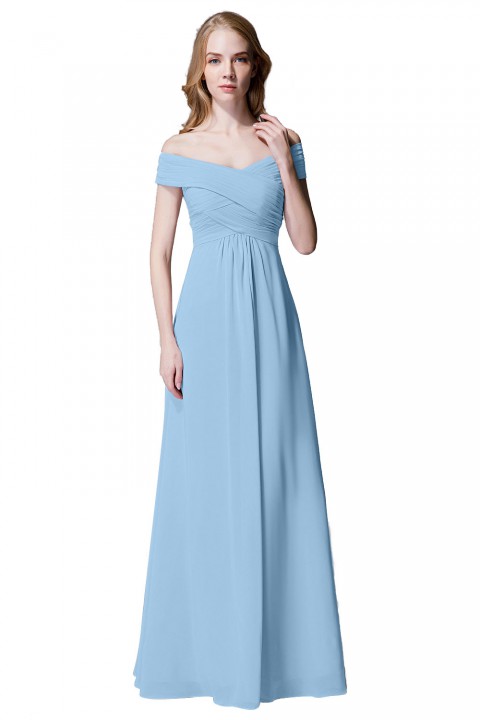 Crisscross Off-the-Shoulder Pleated V-back Bridesmaid Dress Long