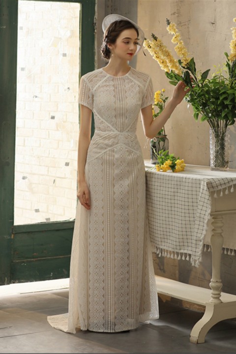 Round Neck Short Sleeve Open Back Lace Casual Wedding Dress with Train