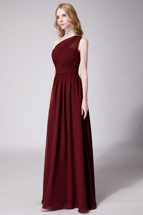 Illusion One-Shoulder Chiffon Pleated Bridesmaid Dress Long