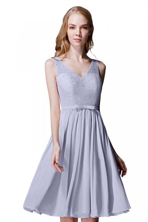 V-Neck Lace Bodice Straps Detail Back Short Bridesmaid Dress with Belt