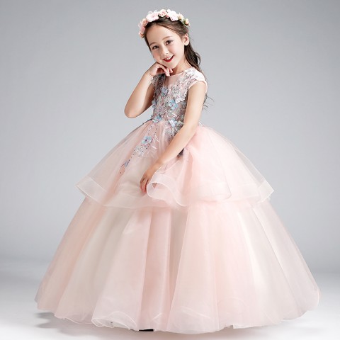 Light Pink Round Neck Sleeveless Beads Decor Double Layered Tulle Skirt Girls Pagent Dresses