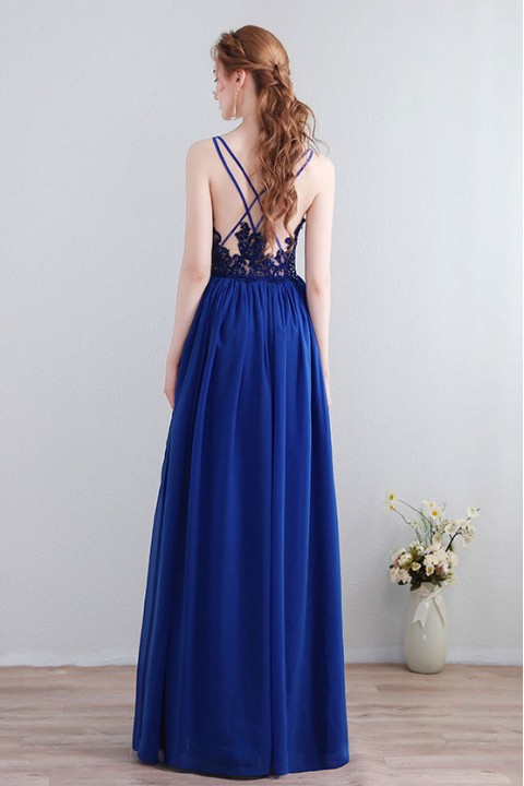 Spaghetti Straps Pleated Chiffon Bridesmaid Dress with Lace Open Back