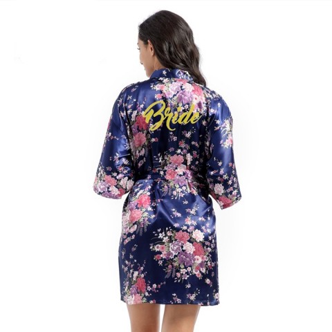 Floral Slogan Printed Tied Waist Silk Bride Robe