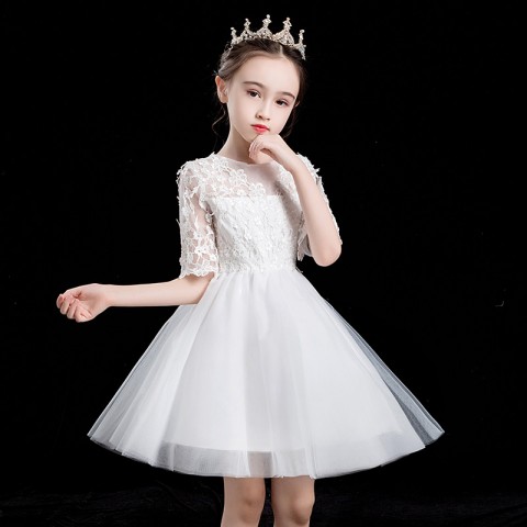 White Round Neck Short Sleeves Lace Princess Tulle Skirt  Flower Girl Dresses