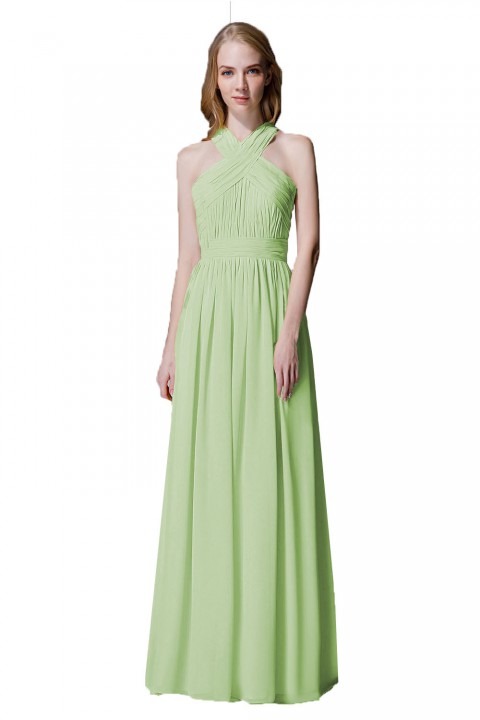 Criss-cross Halter Pleated Chiffon Bridesmaid Dress with Cross-straps Back