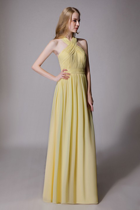 Criss-cross Halter Pleated Chiffon Bridesmaid Dress with Cross-straps Back