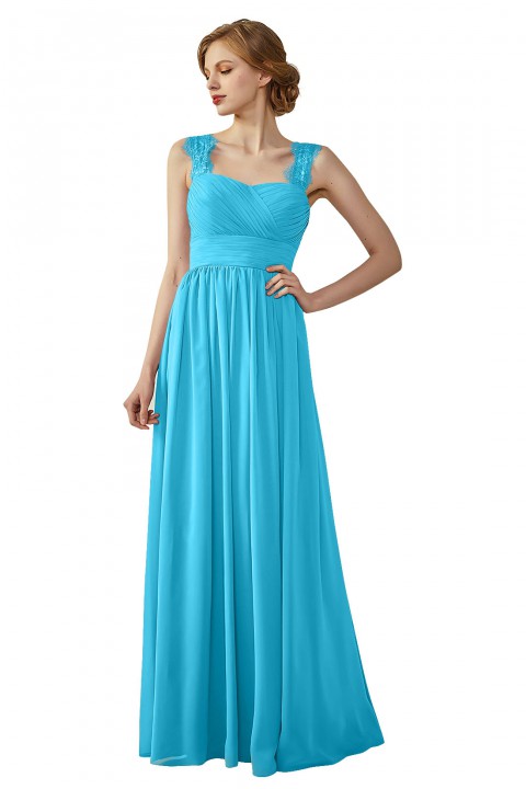 Pleated Long Chiffon Open Back Lace Strap Bridesmaid Dress