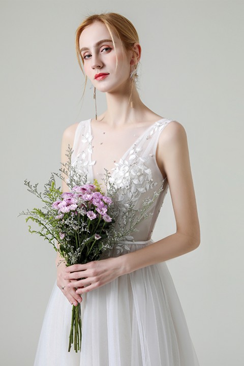 Illusion Deep V Neck & Back Lace Applique Pearl Decor Tulle Wedding Dress