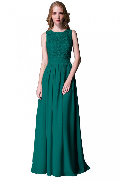 Lace Upper Bodice Illusion Scoop Neck Chiffon Bridesmaid Dress Sleeveless