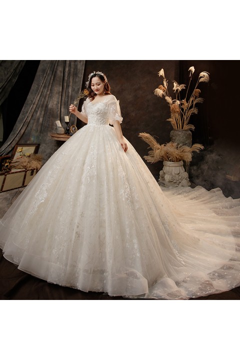 Plus Size 2021 Deep V-neck Short Tulle Sleeves Beaded Embroidered Flower Tulle Wedding Dress With Long Train