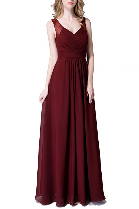 V Neck Illusion Lace Straps Keyhole Back Chiffon Ruched Bridesmaid Dress