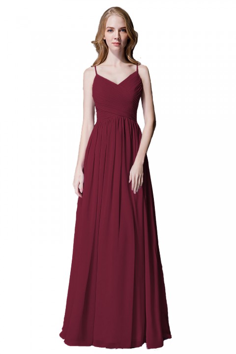 Spaghetti Straps Pleated Chiffon Bridesmaid Dress with Lace Open Back