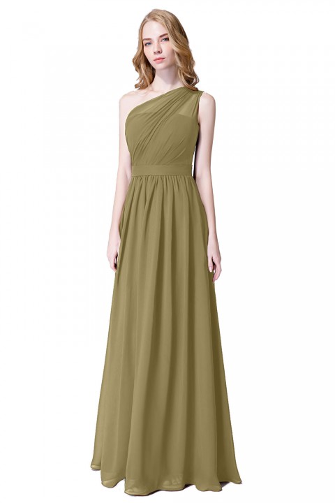 Illusion One-Shoulder Chiffon Pleated Bridesmaid Dress Long