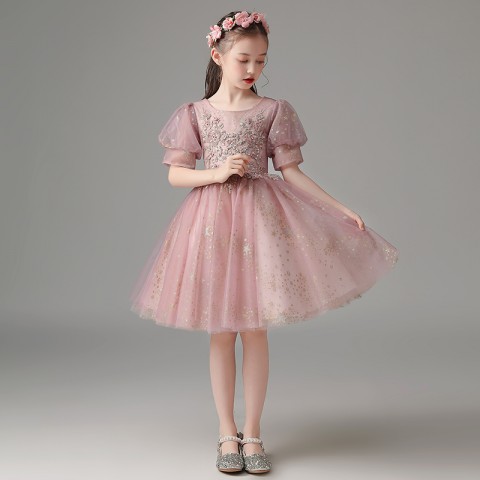 Pink Vintage Round Neck Short Puff Sleeves Beaded & Sequined Flower Shiny Tulle Short Skirt Girls Pageant Dress