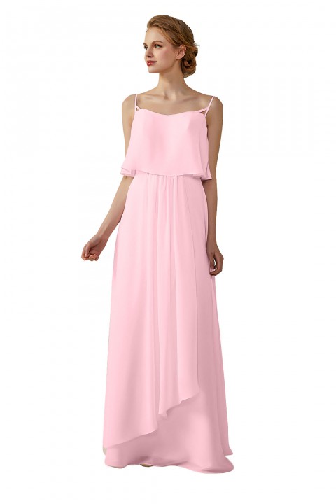 Boho Spaghetti Straps Chiffon V-Back Bridesmaid Dress with Flounce