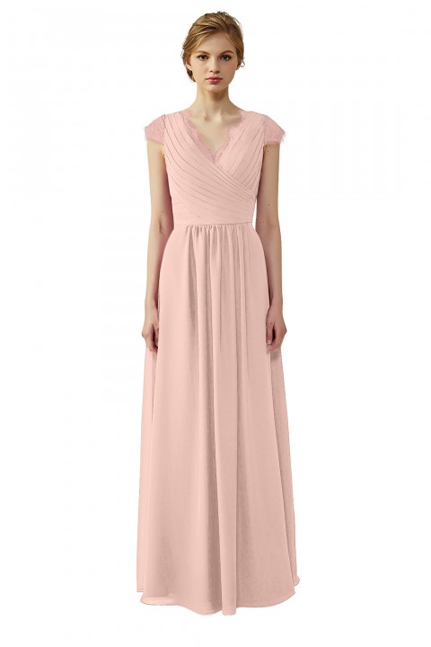 Lace Cap Sleeves  V-Neck Lace Back Closure with Keyhole Bridesmaid Dress