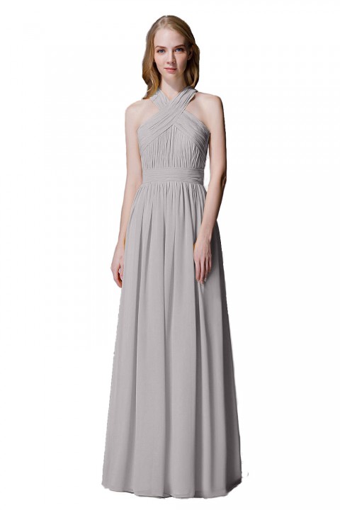 Criss-cross Halter Pleated Chiffon Bridesmaid Dress with Cross-straps Back