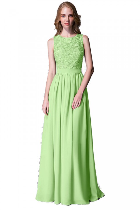 Lace Upper Bodice Illusion Scoop Neck Chiffon Bridesmaid Dress Sleeveless