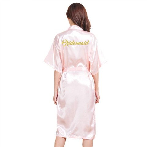 Slogan Printed Tied Waist Silk Bridesmaid Robe with Pockets