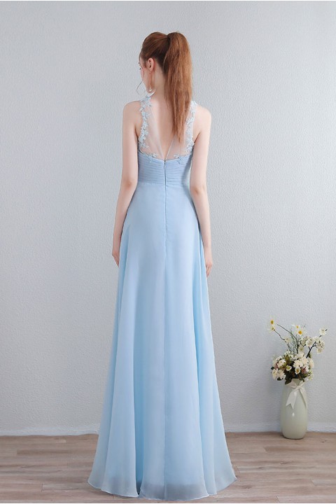 Lace Spaghetti Straps Illusion V Neck & Back Chiffon Bridesmaid Dress