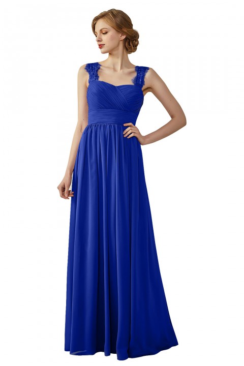 Pleated Long Chiffon Open Back Lace Strap Bridesmaid Dress