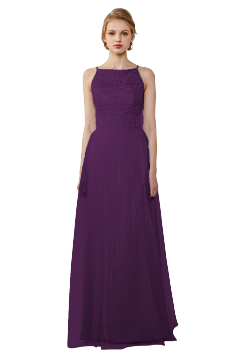 Tulle Lace Illusion Boatneck and Back Bridesmaid Dress with Keyhole 