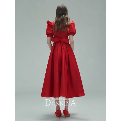 Red Deep V-neck Puff Sleeves Back Bow Decor Satin Party Dress