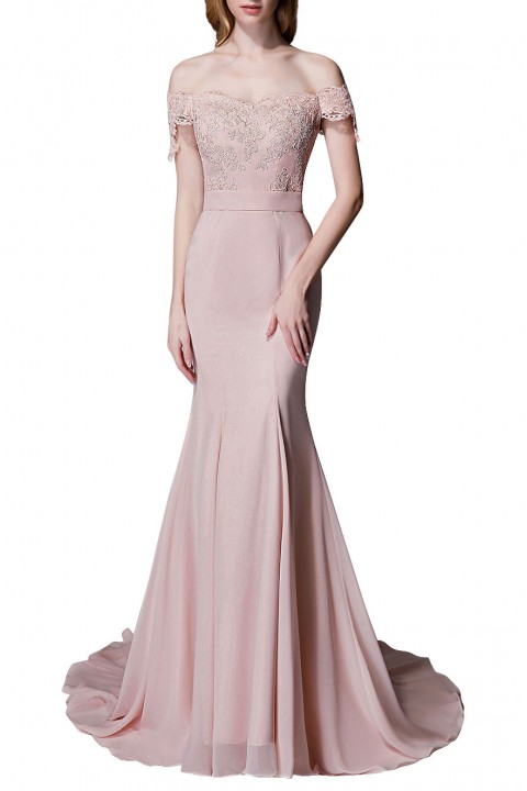 Elegant Mermaid Off Shoulder Chiffon Lace Straight Bridesmaid Dress with Train