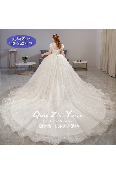 Plus Size 2021 Off Shoulder Deep V-neck Beaded & Sequin Decor Tulle Wedding Dress With Long Train