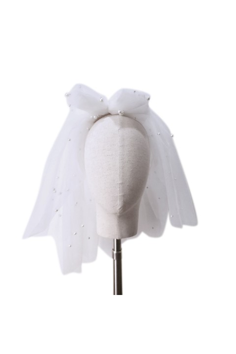 White Big Bow Decor Short Soft Tulle Wedding Bridal Veil With Comb