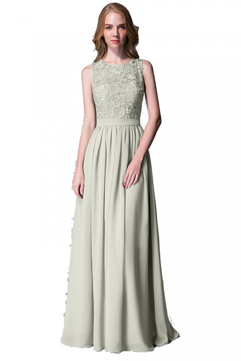 Lace Upper Bodice Illusion Scoop Neck Chiffon Bridesmaid Dress Sleeveless