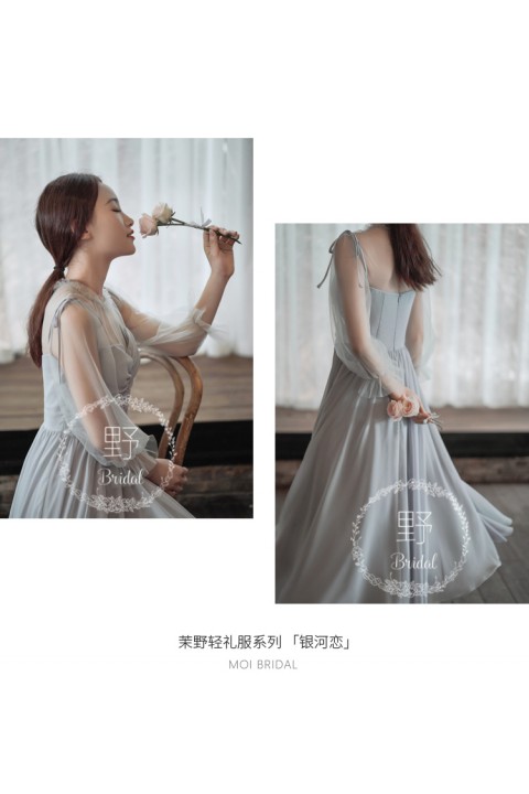 Grey Round Neck Long Tulle Sleeves Chiffon Bridesmaid Dress