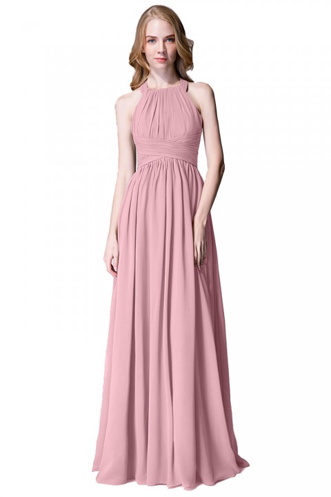 Sophisticated Halter Neckline Keyhole Back Pleated Bridesmaid Dress