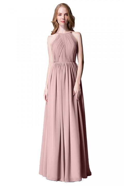 Pleated A-Line Halter Spaghetti-Straps Back Chiffon Bridesmaid Dress