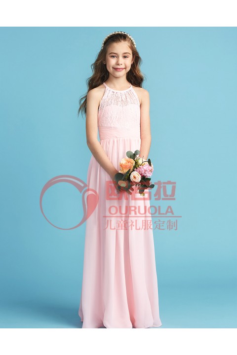 Halter Sleeveless Illusion Back Style Pleated Chiffon Junior Bridesmaid Dresses