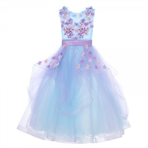 Blue V-Neck Sleeveless Embroidery Flower Decor Tulle Skirt Girls Pageant Dress