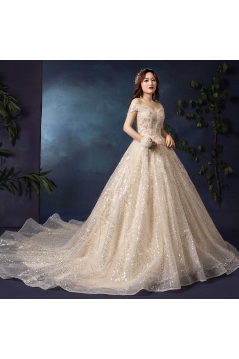 Plus Size 2021 Off Shoulder Luxury Beaded & Sequined Decor Emboridered Flower Glitter Tulle Wedding Dress With Long Train
