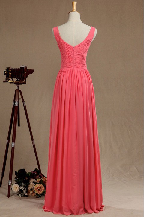 Sexy Tank V Neck & Back Pleated Chiffon Bridesmaid Dress Long