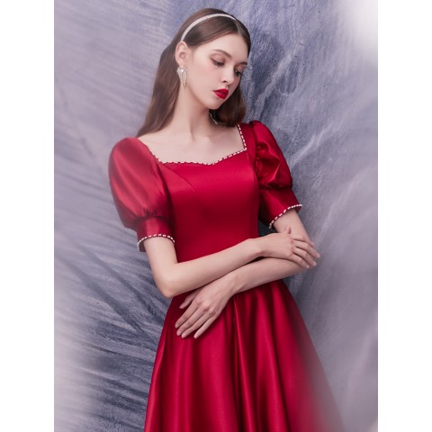 Red Sweetheart Square Neck Puff Sleeves Pearl Decored Satin Party Dress