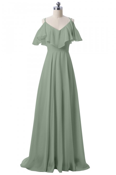 Double Spaghetti Straps V Neck Chiffon Bridesmaid Dress with Flouncing Top