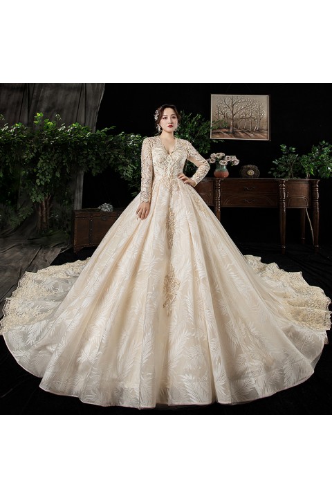 Plus Size 2021 Deep V-neck Long Sleeves Luxury Beaded Decor Emboridered Flower Tulle Wedding Dress With Long Train