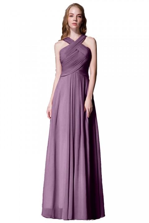 Chic Criss-cross Halter Pleated Chiffon Bridesmaid Dress Long