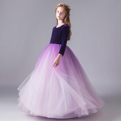 Purple Long Sleeve Round Neck Tulle Skirt Velet Girls Pageant Dresses