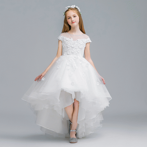 White Sleeveless Knee-length Small Train Tulle Skirt Girls Pageant Dresses