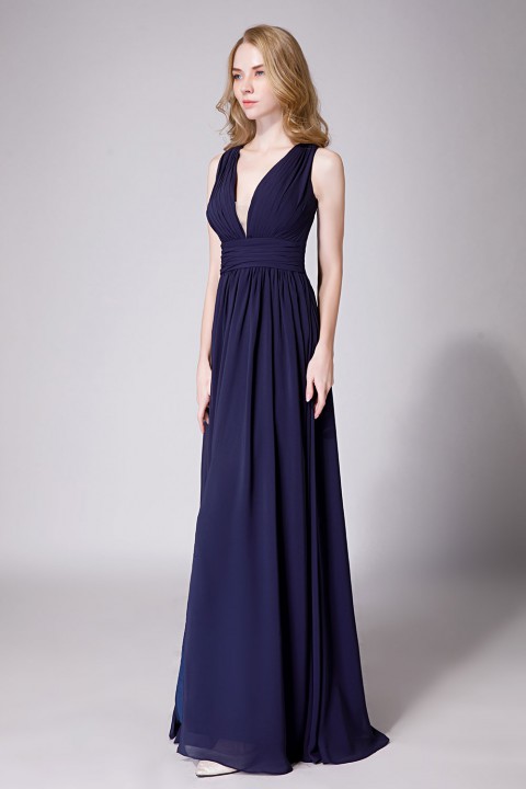 Sexy Deep V-Neck Plunging Silt Bridesmaid Dress with Keyhole Back